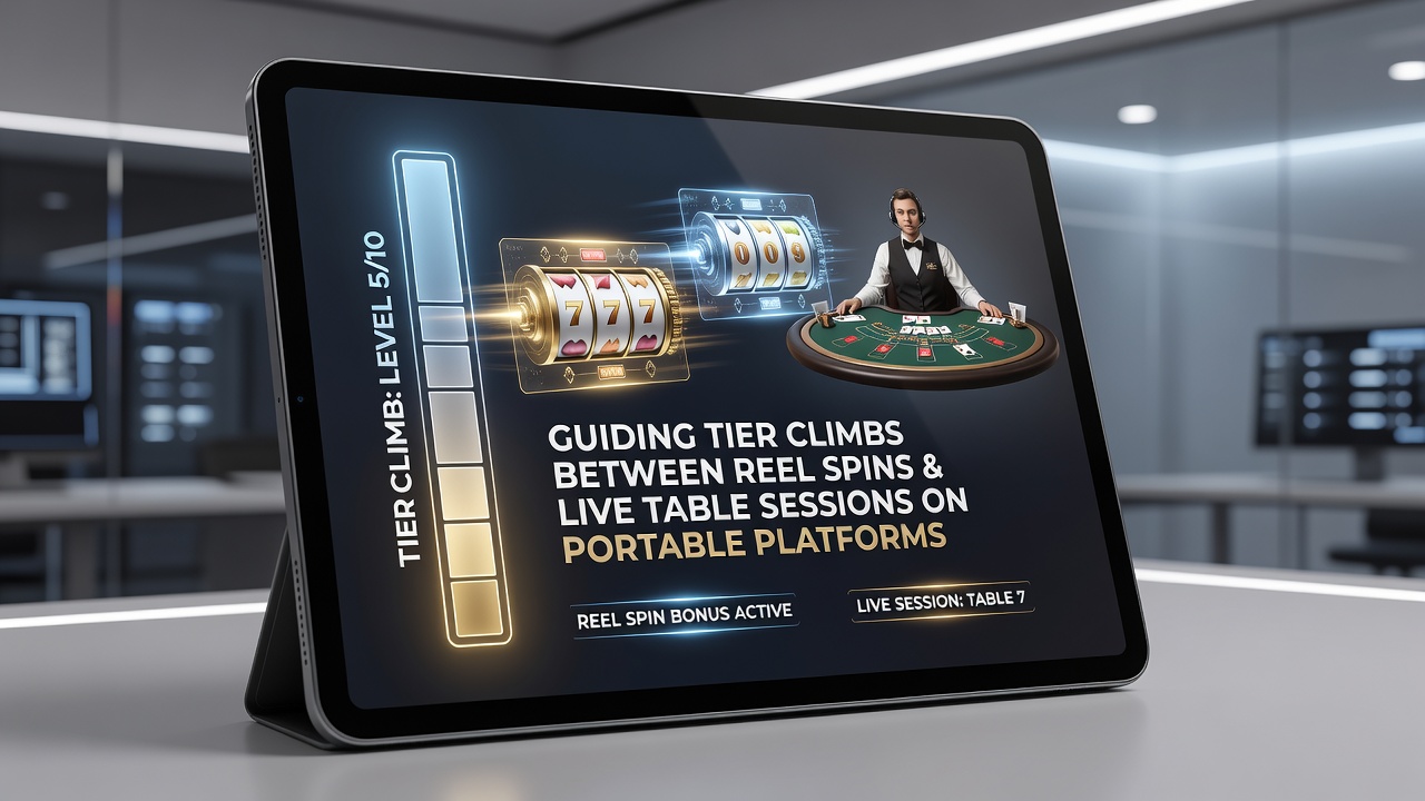 Mobile casino app interface showing seamless switch between slot reels and live table sessions with tier progress indicators