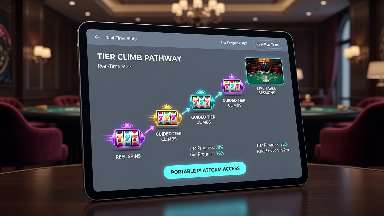 Close-up view of loyalty tier dashboard on a tablet displaying progress between slots and live dealer games