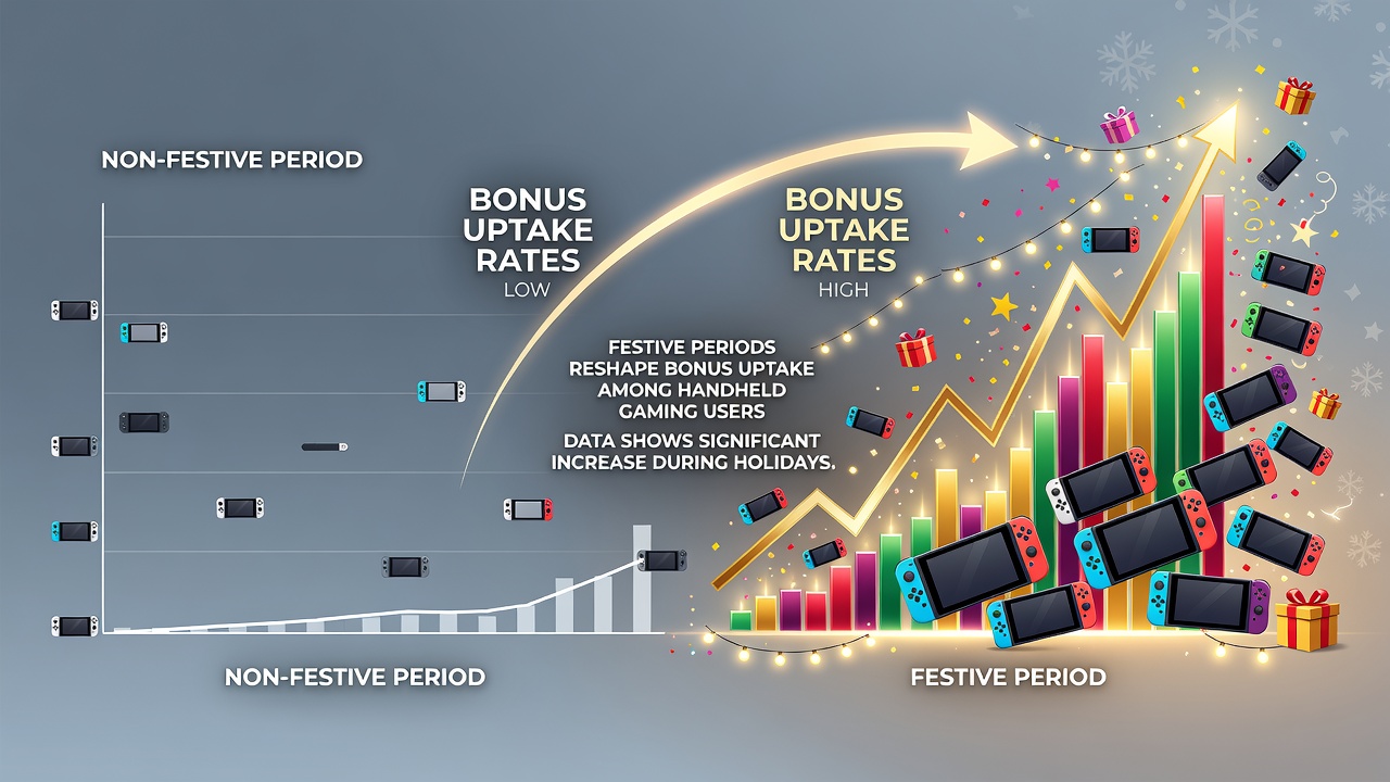 Mobile gaming device displaying festive bonus offers during holiday periods