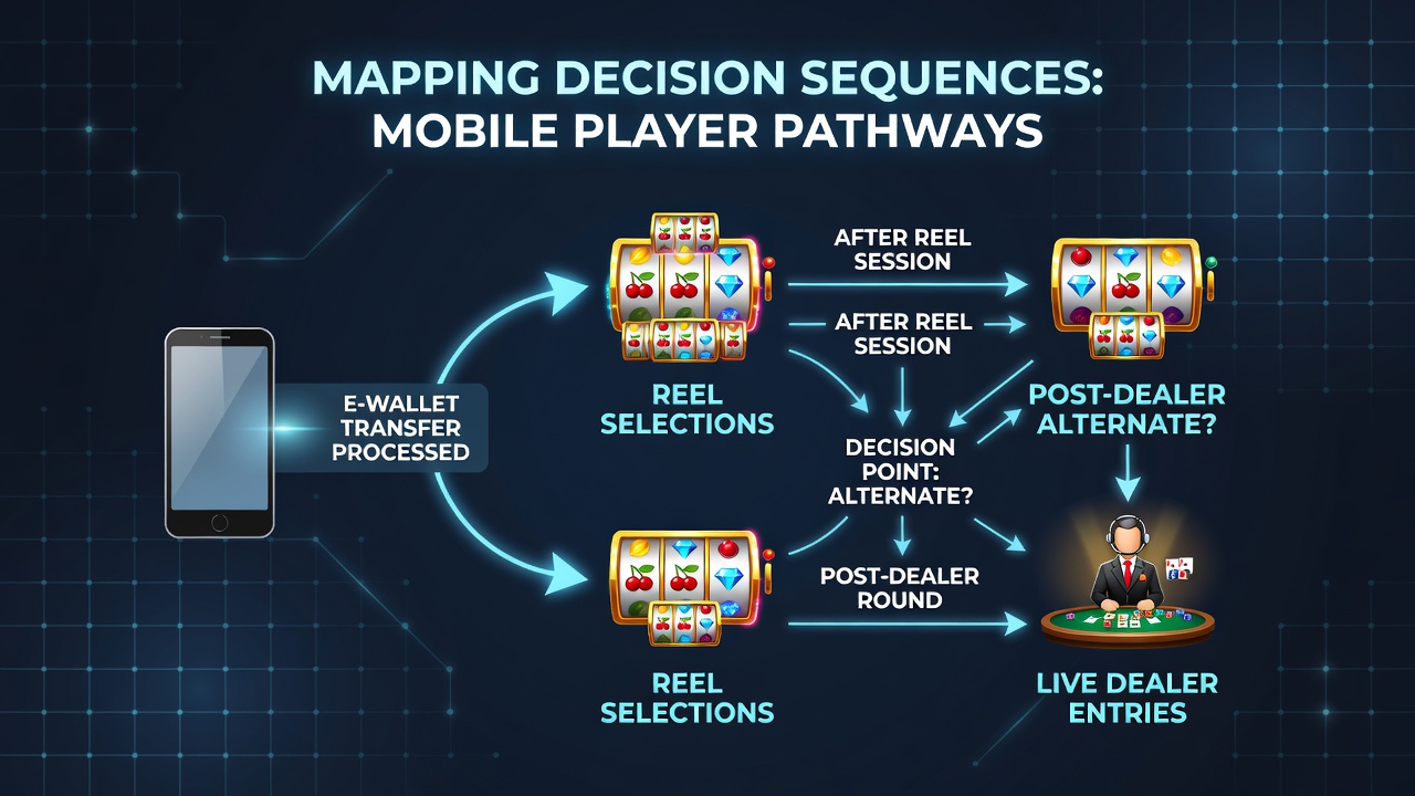 Mobile casino screen displaying reel selections transitioning to live dealer tables after e-wallet confirmation