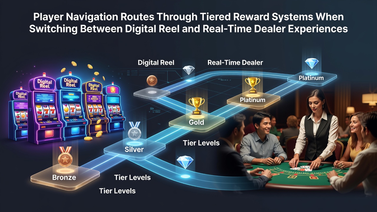 Players navigating between digital slot reels and live dealer tables in tiered casino reward systems