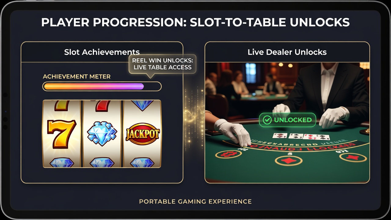 User dashboard displaying linked slot achievements and live dealer table access levels
