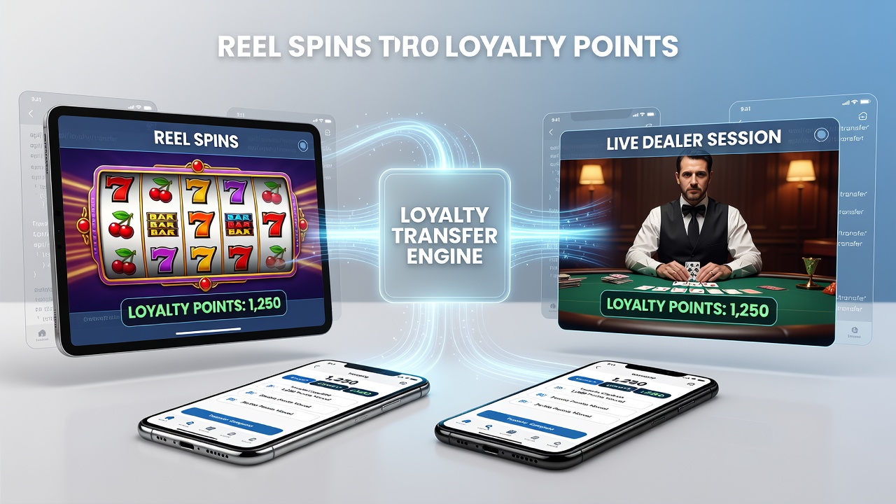 Mobile app interface showing loyalty points transferring between slot reels and live dealer tables